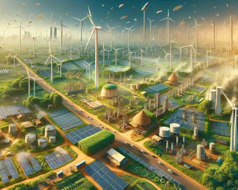 An HD photo depicting the unseen force driving India's environmental revolution. This could be illustrated by showcasing a network of solar panels in a rural setting, wind turbines scattered across the landscape, and biofuel stations popping up in busy city centers. Add a hint of lush green vegetation to indicate the revival of nature, empowered by this Green Revolution. The perspective should give the viewer a peek into the dynamic marriage of innovation and environment. The time should be a sunny afternoon with soft shadows to indicate a realistic representation.