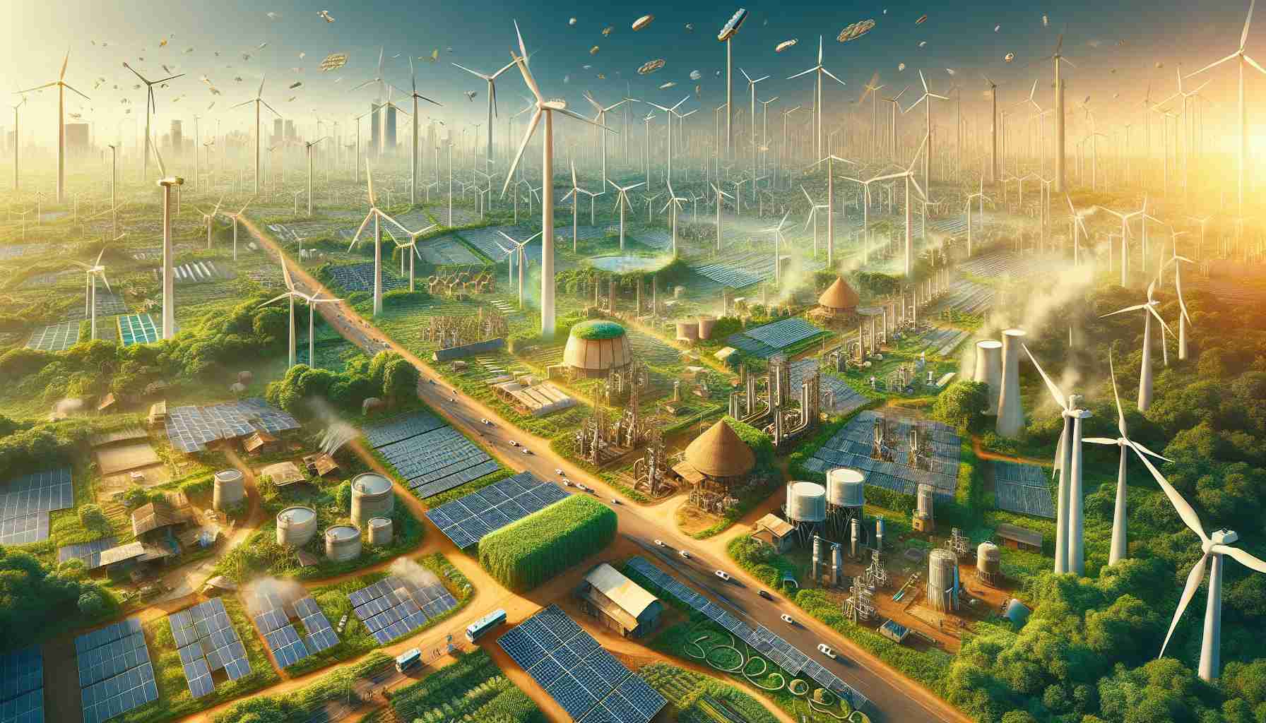 An HD photo depicting the unseen force driving India's environmental revolution. This could be illustrated by showcasing a network of solar panels in a rural setting, wind turbines scattered across the landscape, and biofuel stations popping up in busy city centers. Add a hint of lush green vegetation to indicate the revival of nature, empowered by this Green Revolution. The perspective should give the viewer a peek into the dynamic marriage of innovation and environment. The time should be a sunny afternoon with soft shadows to indicate a realistic representation.