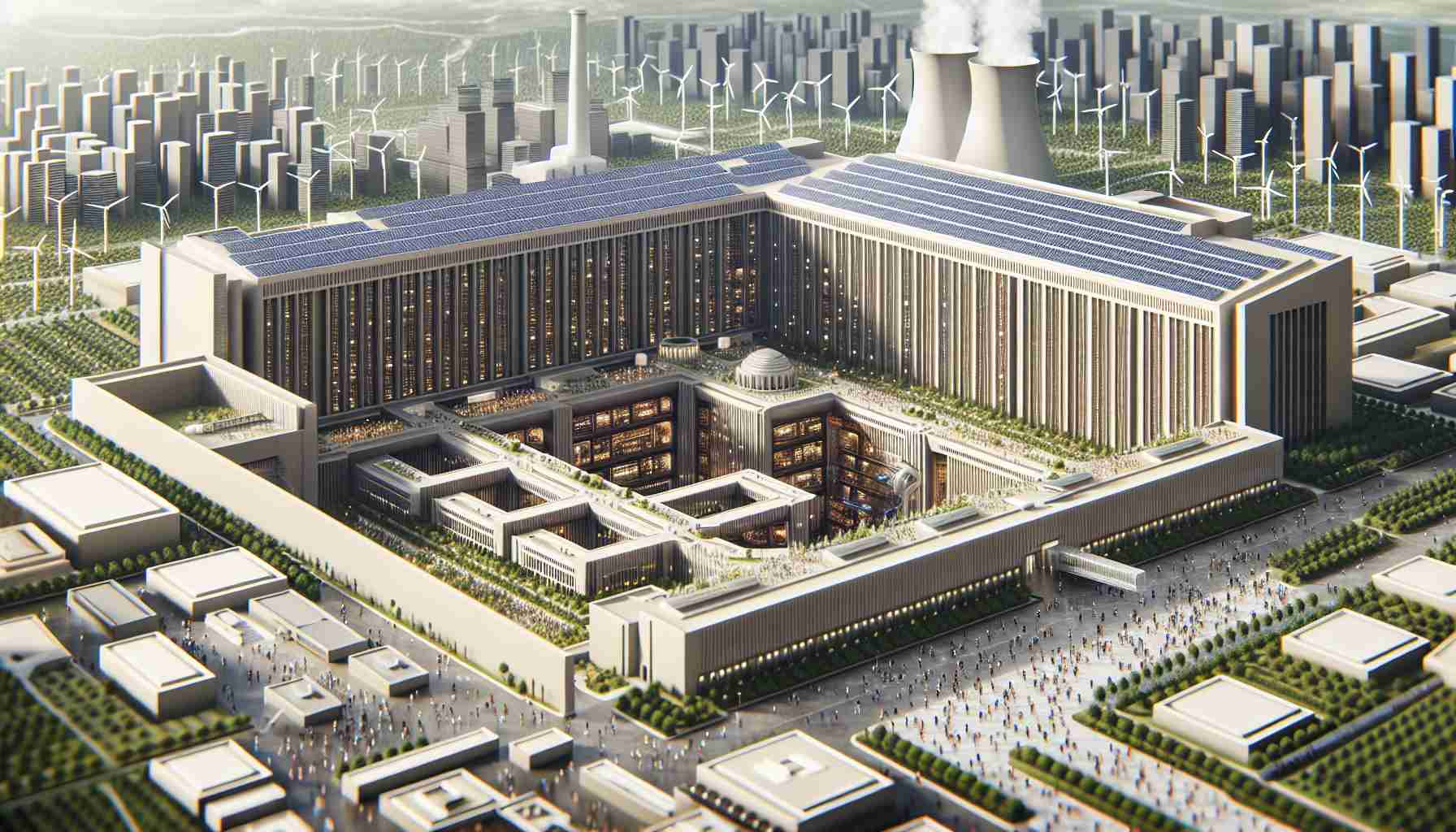 An high-definition, realistic scene of a large university campus being powered by an enormous, hidden energy source. There are solar panels on the rooftops of the buildings, wind turbines discretely incorporated into the architecture, and an underground facility hinted at with steam vents. The campus is bustling with diverse groups of students: Caucasians, Hispanics, Blacks, Middle-Easterns, South Asians, all engaged in various academic activities.