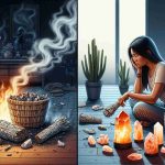 Create a realistic high-definition image depicting a situation of bad energy being cleansed from a home. This could involve various symbols traditionally associated with energy cleansing, such as a smouldering bundle of sage, pieces of quartz, and Himalayan salt lamps, scattered across a room. A woman of Asian descent, feeling drained, is seen in the process of cleansing the energy, possibly lighting the sage or arranging the crystals. The room's ambiance should reflect a before-and-after transformation, with one side looking darker and chaotic, and the other side gradually brightening and becoming more peaceful.