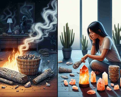 Create a realistic high-definition image depicting a situation of bad energy being cleansed from a home. This could involve various symbols traditionally associated with energy cleansing, such as a smouldering bundle of sage, pieces of quartz, and Himalayan salt lamps, scattered across a room. A woman of Asian descent, feeling drained, is seen in the process of cleansing the energy, possibly lighting the sage or arranging the crystals. The room's ambiance should reflect a before-and-after transformation, with one side looking darker and chaotic, and the other side gradually brightening and becoming more peaceful.