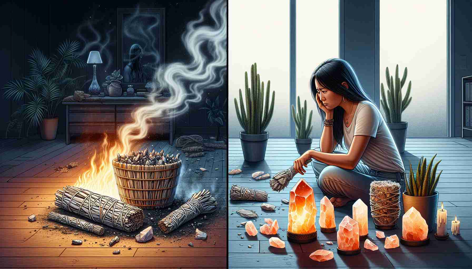 Create a realistic high-definition image depicting a situation of bad energy being cleansed from a home. This could involve various symbols traditionally associated with energy cleansing, such as a smouldering bundle of sage, pieces of quartz, and Himalayan salt lamps, scattered across a room. A woman of Asian descent, feeling drained, is seen in the process of cleansing the energy, possibly lighting the sage or arranging the crystals. The room's ambiance should reflect a before-and-after transformation, with one side looking darker and chaotic, and the other side gradually brightening and becoming more peaceful.