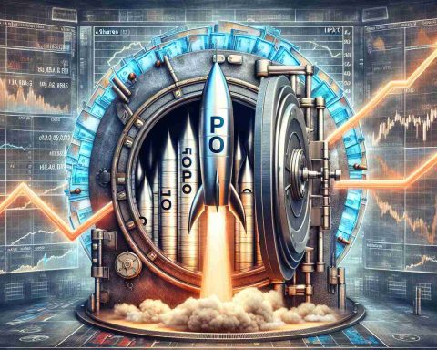 An intricate, high-definition image showcasing the concept of securing IPO shares before they soar. The image should depict a symbolic stack of papers labeled 'IPO Shares', held securely within a symbolic vault or safe. Further on, these shares transition into a launchpad, with a rocket graphically illustrating the 'soaring' of these shares, its trail shaping an upward trend in a stock graph. The detailed background should include elements from a financial trading room, with monitors displaying ticker symbols and financial charts. Please employ symbolic representation to convey the concepts in a non-literal but visually informative manner.