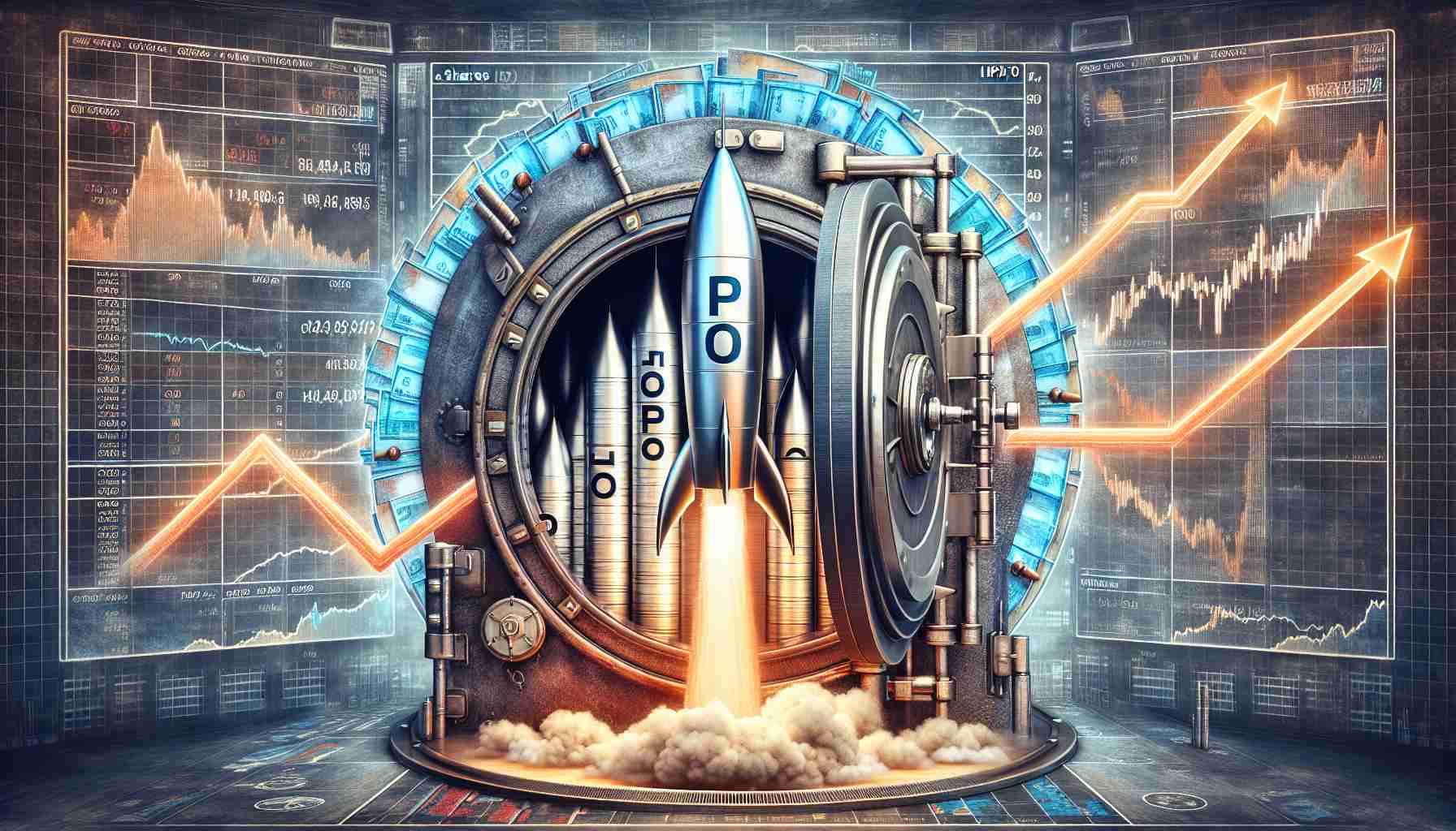 An intricate, high-definition image showcasing the concept of securing IPO shares before they soar. The image should depict a symbolic stack of papers labeled 'IPO Shares', held securely within a symbolic vault or safe. Further on, these shares transition into a launchpad, with a rocket graphically illustrating the 'soaring' of these shares, its trail shaping an upward trend in a stock graph. The detailed background should include elements from a financial trading room, with monitors displaying ticker symbols and financial charts. Please employ symbolic representation to convey the concepts in a non-literal but visually informative manner.