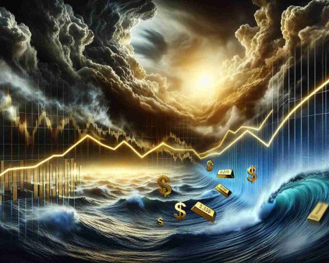 Create a high-definition graphic of a dynamic line chart showcasing the fluctuations of gold prices amid a backdrop of a stormy global market, portrayed as a raging sea under dark, tumultuous clouds. The gold prices should be shown ascending steeply, signifying surprise and disbelief. Include captions expressing concern and uncertainty about the economic future.