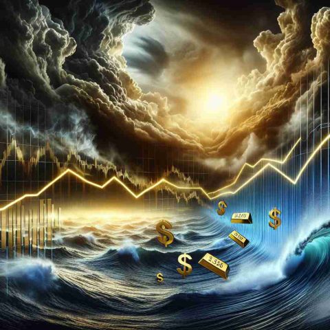 Create a high-definition graphic of a dynamic line chart showcasing the fluctuations of gold prices amid a backdrop of a stormy global market, portrayed as a raging sea under dark, tumultuous clouds. The gold prices should be shown ascending steeply, signifying surprise and disbelief. Include captions expressing concern and uncertainty about the economic future.