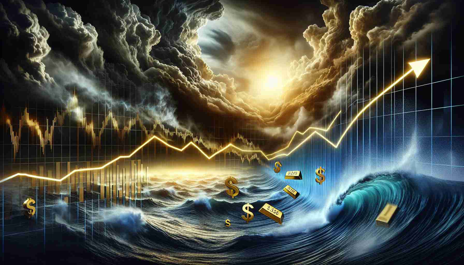 Create a high-definition graphic of a dynamic line chart showcasing the fluctuations of gold prices amid a backdrop of a stormy global market, portrayed as a raging sea under dark, tumultuous clouds. The gold prices should be shown ascending steeply, signifying surprise and disbelief. Include captions expressing concern and uncertainty about the economic future.