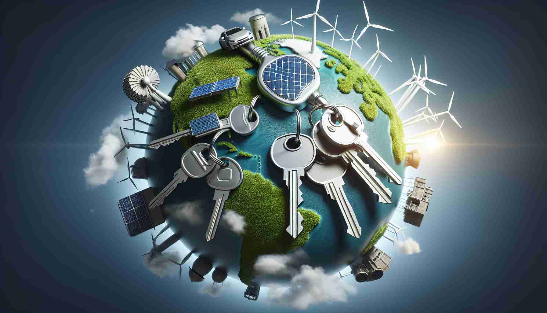 Realistic high-definition image showing clean energy sources as metaphorical keys unlocking a green, sustainable future. Perhaps, several keys representing forms like solar panels, wind turbines, hydroelectric dams, and electric cars can be portrayed. The keys could be placed on a globe or Earth map subtly implying how these technologies could contribute positively to a sustainable planet. Please capture the hope and prosperity that such a future might bring.