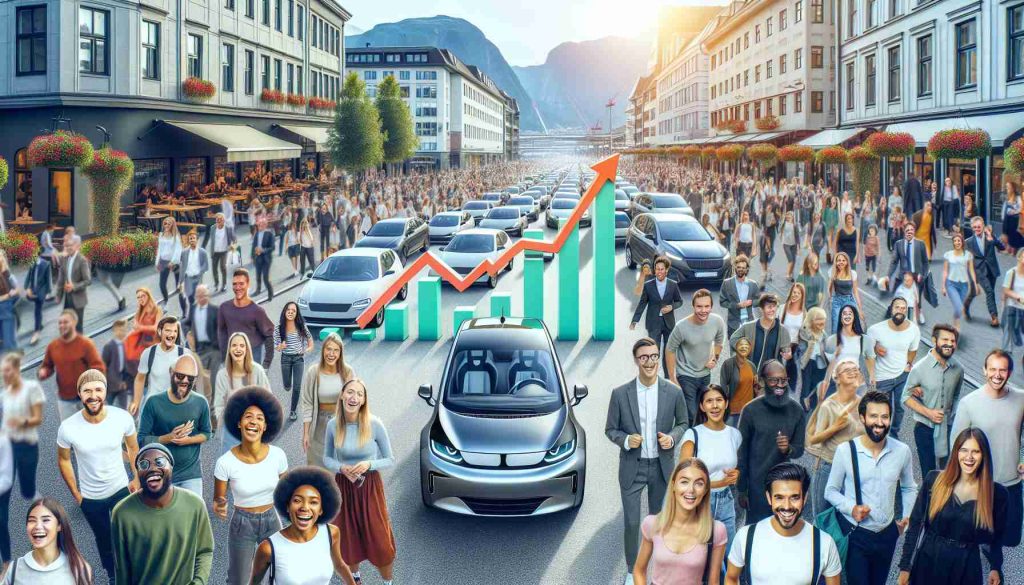 An image showing a significant increase in the sales of electric cars in Norway for the month of September in the year 2024. The picture could depict the bustling streets filled with diverse individuals of different ages and descents including Caucasian, Hispanic, Black, Middle-Eastern, and South Asian, who are happy with their newly purchased electric cars. Also, include a bar chart increasing sharply, indicating the surge in sales. Make it as hyper-realistic as possible to resemble a high-definition photo.