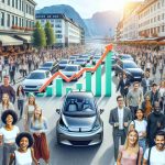 An image showing a significant increase in the sales of electric cars in Norway for the month of September in the year 2024. The picture could depict the bustling streets filled with diverse individuals of different ages and descents including Caucasian, Hispanic, Black, Middle-Eastern, and South Asian, who are happy with their newly purchased electric cars. Also, include a bar chart increasing sharply, indicating the surge in sales. Make it as hyper-realistic as possible to resemble a high-definition photo.