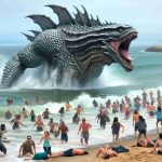 Provide photo-realistic HD image of a sight of a giant sea monster coming out of the waters near the coastline of a popular beach town. The monstrous creature, mythical in appearance, has protruding fins with textured scales covering its enormous body that creates ripples around it in water. The panicked crowd nearby, a diverse mix of men and women of varied descents like Hispanic, Black, White, Asian, are seen fleeing the scene, terror clearly visible on their faces. The once quiet and serene atmosphere of the coastal town has transformed into panic and chaos.