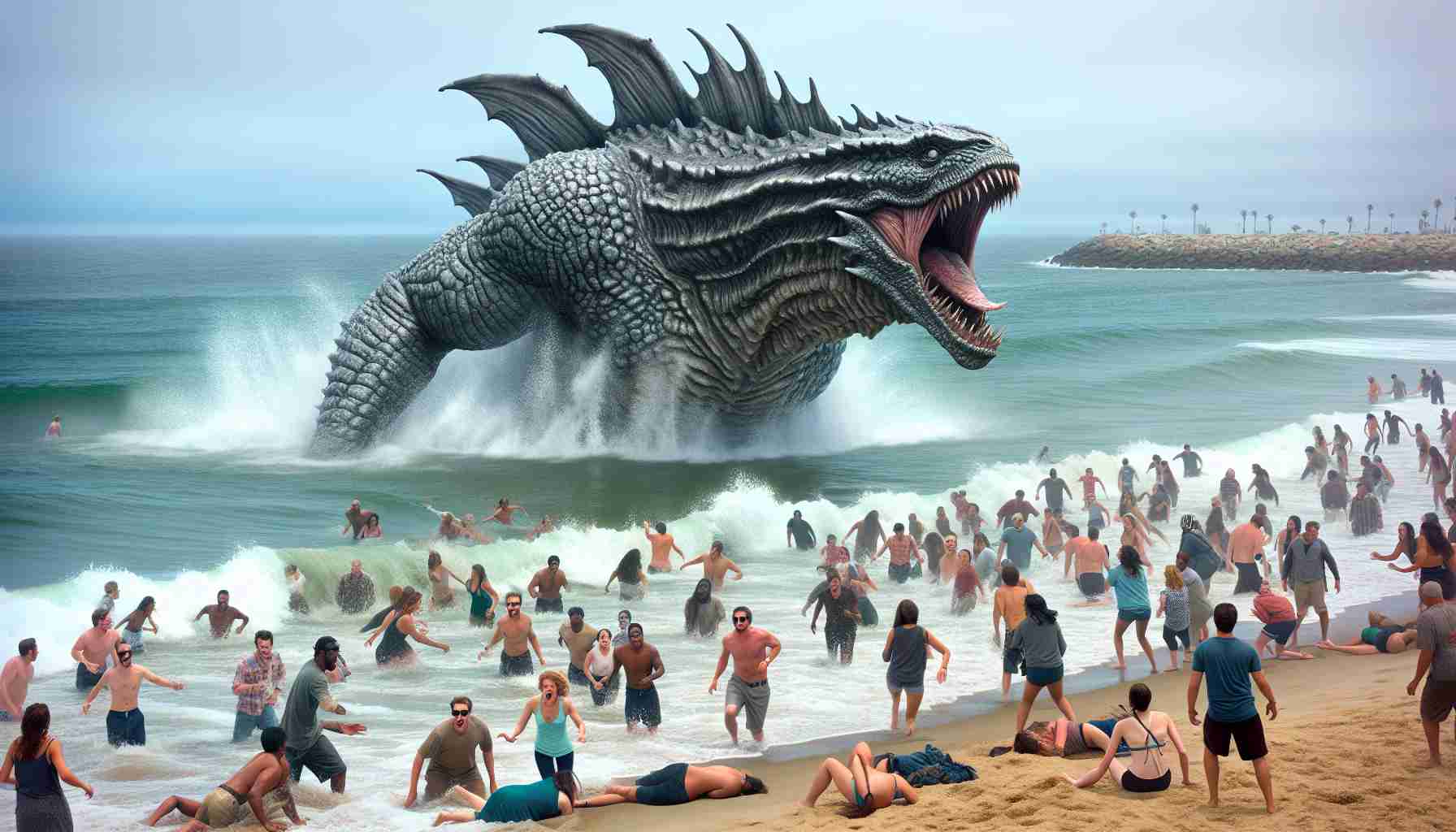 Provide photo-realistic HD image of a sight of a giant sea monster coming out of the waters near the coastline of a popular beach town. The monstrous creature, mythical in appearance, has protruding fins with textured scales covering its enormous body that creates ripples around it in water. The panicked crowd nearby, a diverse mix of men and women of varied descents like Hispanic, Black, White, Asian, are seen fleeing the scene, terror clearly visible on their faces. The once quiet and serene atmosphere of the coastal town has transformed into panic and chaos.