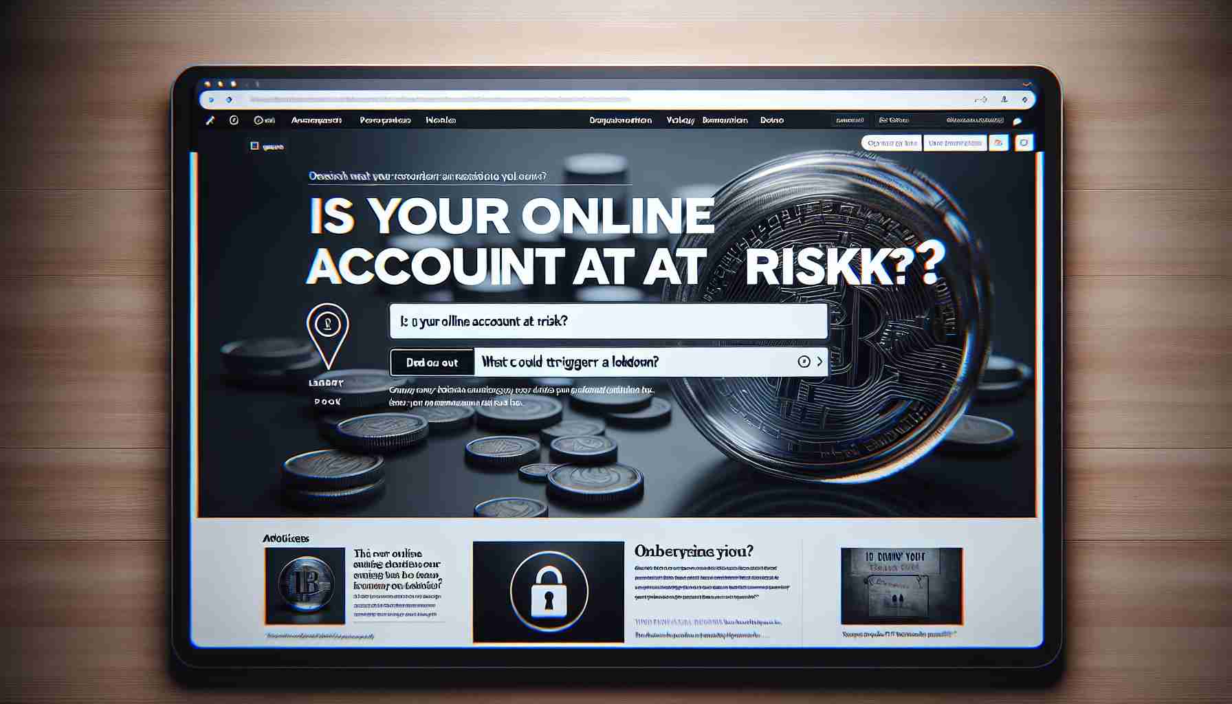 A high-resolution realistic image of a computer screen showing a headline titled 'Is Your Online Account at Risk?'. Below the headline, there is an interactive button saying 'Find Out What Could Trigger a Lockdown'. Surround it with a few suggested articles and advertisements for a realistic browsing experience. Highlight the headline and the button to draw attention.