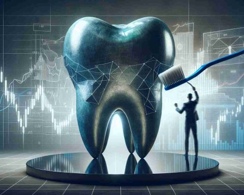 The scene showcases a colossal, metaphorical representation of a giant, towering tooth, along with a large dental mirror and toothbrush. The toothbrush is aimed at the giant tooth, symbolizing an influential move. In the background, there are vague sketches of a financial graph and market bar charts, signifying market upheaval. The entire scene has a surreal yet realistic touch, with photographic precision and high-definition detailing.