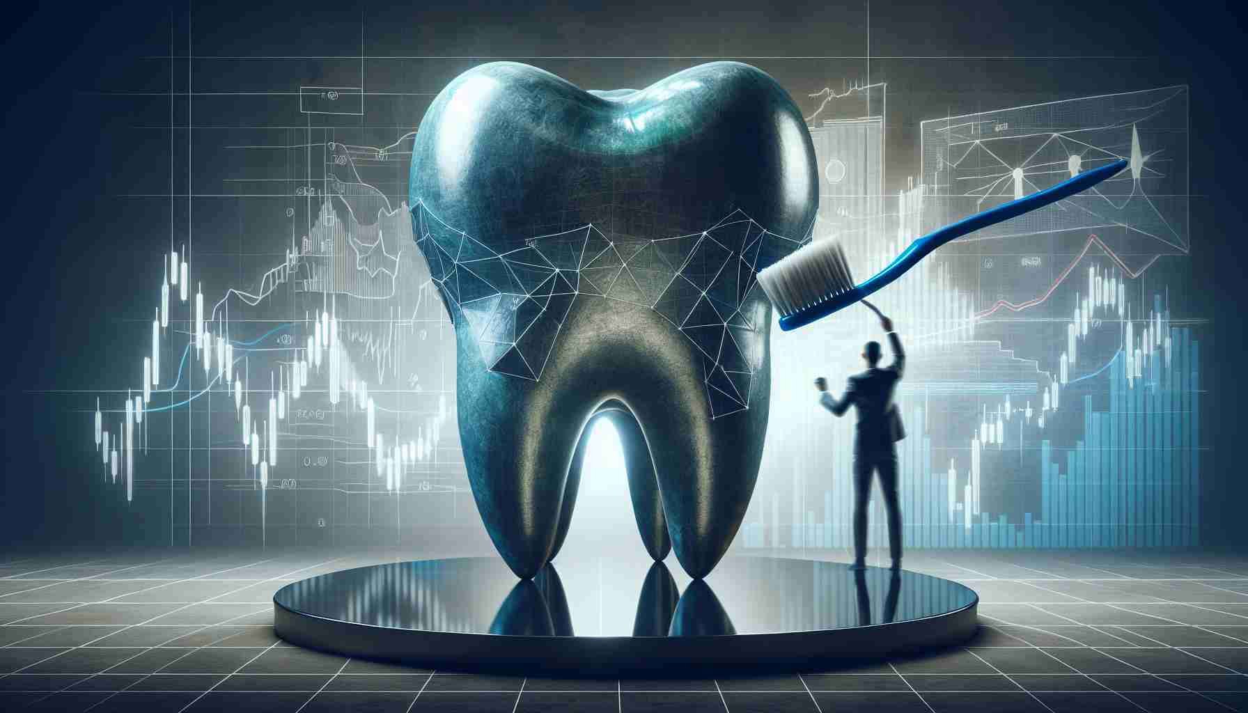 The scene showcases a colossal, metaphorical representation of a giant, towering tooth, along with a large dental mirror and toothbrush. The toothbrush is aimed at the giant tooth, symbolizing an influential move. In the background, there are vague sketches of a financial graph and market bar charts, signifying market upheaval. The entire scene has a surreal yet realistic touch, with photographic precision and high-definition detailing.