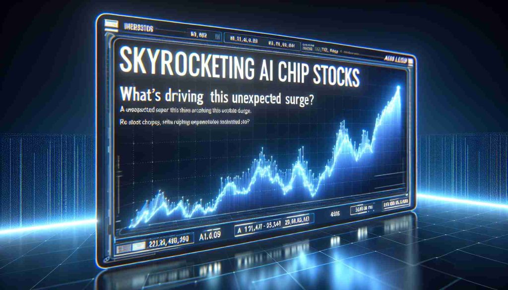 Create a realistically detailed high-definition image that represents the concept of skyrocketing AI chip stocks. Visualize this as a glowing, ascending graph line on a futuristic digital display, indicating a sudden and unexpected surge. At the corner of the image, include a headline in bold, digital typography that reads, 'Skyrocketing AI Chip Stocks: What's Driving This Unexpected Surge?'