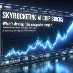 Create a realistically detailed high-definition image that represents the concept of skyrocketing AI chip stocks. Visualize this as a glowing, ascending graph line on a futuristic digital display, indicating a sudden and unexpected surge. At the corner of the image, include a headline in bold, digital typography that reads, 'Skyrocketing AI Chip Stocks: What's Driving This Unexpected Surge?'