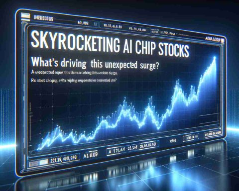 Create a realistically detailed high-definition image that represents the concept of skyrocketing AI chip stocks. Visualize this as a glowing, ascending graph line on a futuristic digital display, indicating a sudden and unexpected surge. At the corner of the image, include a headline in bold, digital typography that reads, 'Skyrocketing AI Chip Stocks: What's Driving This Unexpected Surge?'