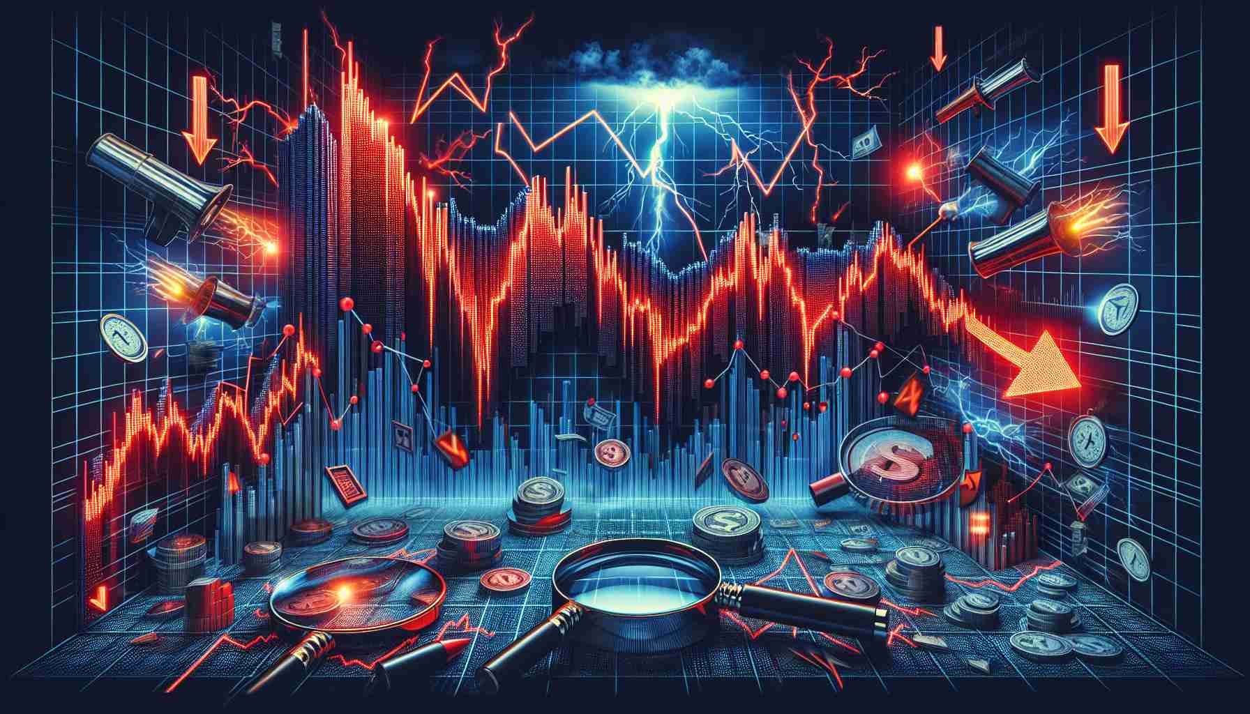 High-definition image of a dramatic graph denoting the fall of values on a stock market. The graph contains sharp downward spikes symbolizing the 'dramatic slide'. Depict the market as an Indian stock exchange to represent 'Indian Markets'. Surrounding the steep downward graph, incorporate financial magnifying glasses, red flashing alarm lights, and thunder strikes to capture the 'Shocking Factors at Play'.