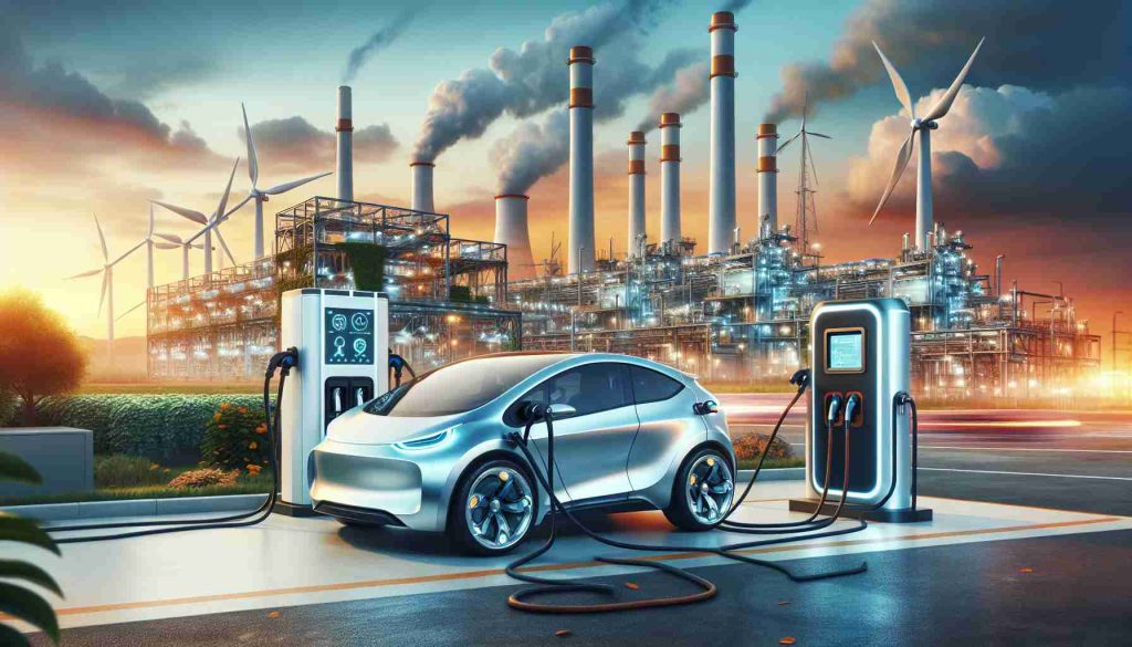 Generate a high definition, realistic photo representing the electric vehicle industry in South Carolina booming with new innovations. The scene should depict a state-of-the-art, futuristic electric vehicle charging at a sleek modern charging station. Include signs of innovation such as solar panels, wind turbines in the background, to signify the adoption of clean energy. Make the background encompass manufacturing plants illustrating the state's industrial strengths. Please ensure the vibrancy and energy of the scene to depict the prosperous development of the electric vehicle industry.