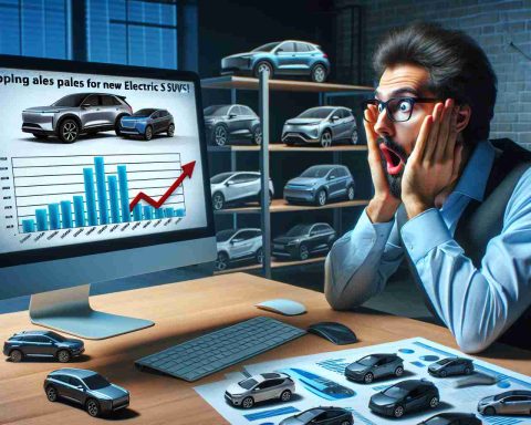 Generate a realistic HD image depicting a startled person looking at a computer screen which displays a bar graph. The graph should show surprisingly low sales predictions for new electric SUVs. The person should be seated in an office environment with various car models and designs on his desk, indicating he works in the automotive industry.