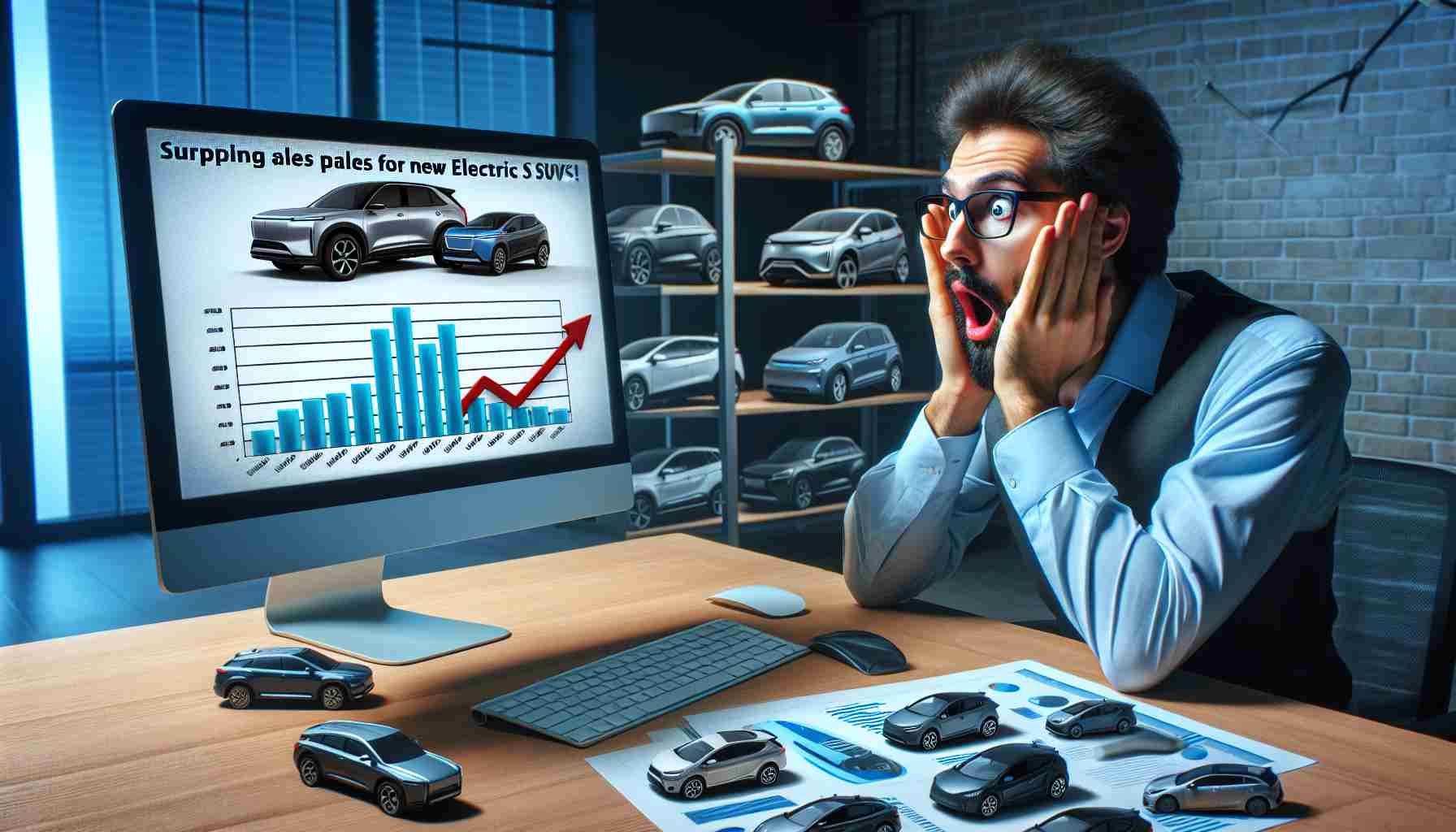 Generate a realistic HD image depicting a startled person looking at a computer screen which displays a bar graph. The graph should show surprisingly low sales predictions for new electric SUVs. The person should be seated in an office environment with various car models and designs on his desk, indicating he works in the automotive industry.