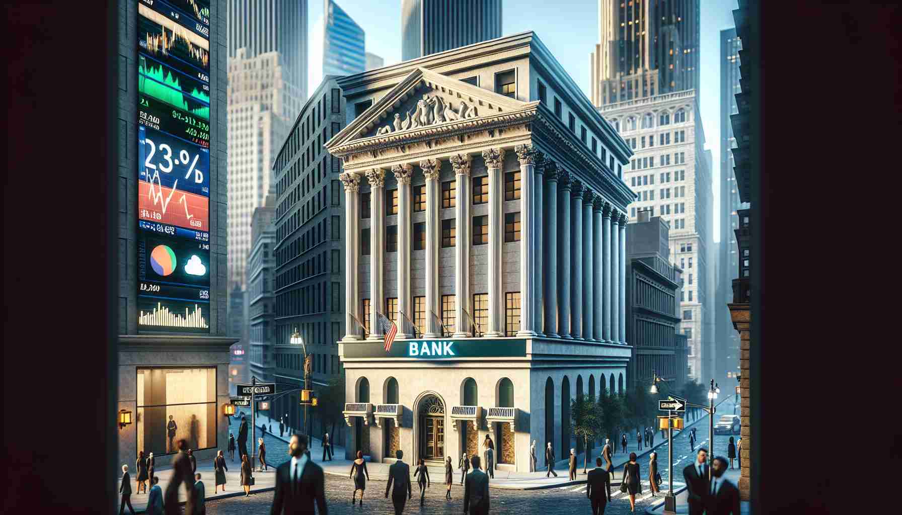 Generate a realistic high-definition image depicting a small, under-the-radar bank building situated in the heart of Wall Street, New York City. The bank's logo prominently displayed on the facade. The scene reflects the buzz and energy of the financial district with people of varying genders and descents walking by. In the background, the towering skyscrapers are iconic symbols of Wall Street's financial prowess. Stock ticker displays and electronic billboards nearby exhibit rising trends, signifying the major moves the small bank is making in the financial industry.