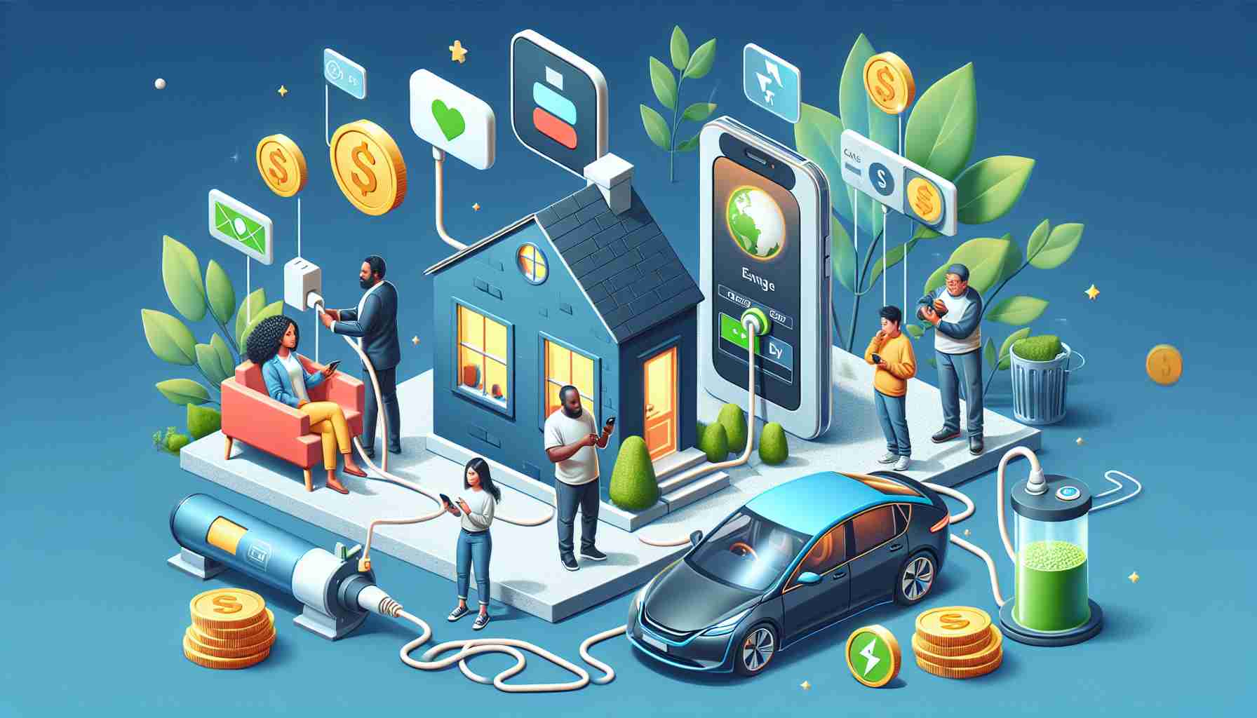 Generate a realistic high-definition image that effectively illustrates the hidden benefits of home electric chargers. The scene should include a diverse range of individuals - for instance, a Black woman using a home electric charger to power her car, a Middle-Eastern man checking an app on his phone that monitors the charger's progress, and a South Asian child fascinated by the process. Use symbols and objects to visually represent the benefits: cost savings (like coins or dollar bills), convenience (a comfortable home setting), environmental impact (showing green leaves or a healthy globe), and so on.