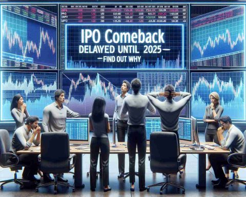 A realistic and high-definition image of a group of investors showing signs of confusion and frustration. They are depicted in a modern office setting, surrounded by stock market charts and computer screens displaying market data, with a prominently displayed banner or headline reading 'IPO Comeback Delayed Until 2025—Find Out Why'.