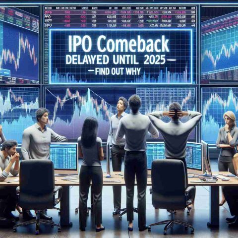 A realistic and high-definition image of a group of investors showing signs of confusion and frustration. They are depicted in a modern office setting, surrounded by stock market charts and computer screens displaying market data, with a prominently displayed banner or headline reading 'IPO Comeback Delayed Until 2025—Find Out Why'.