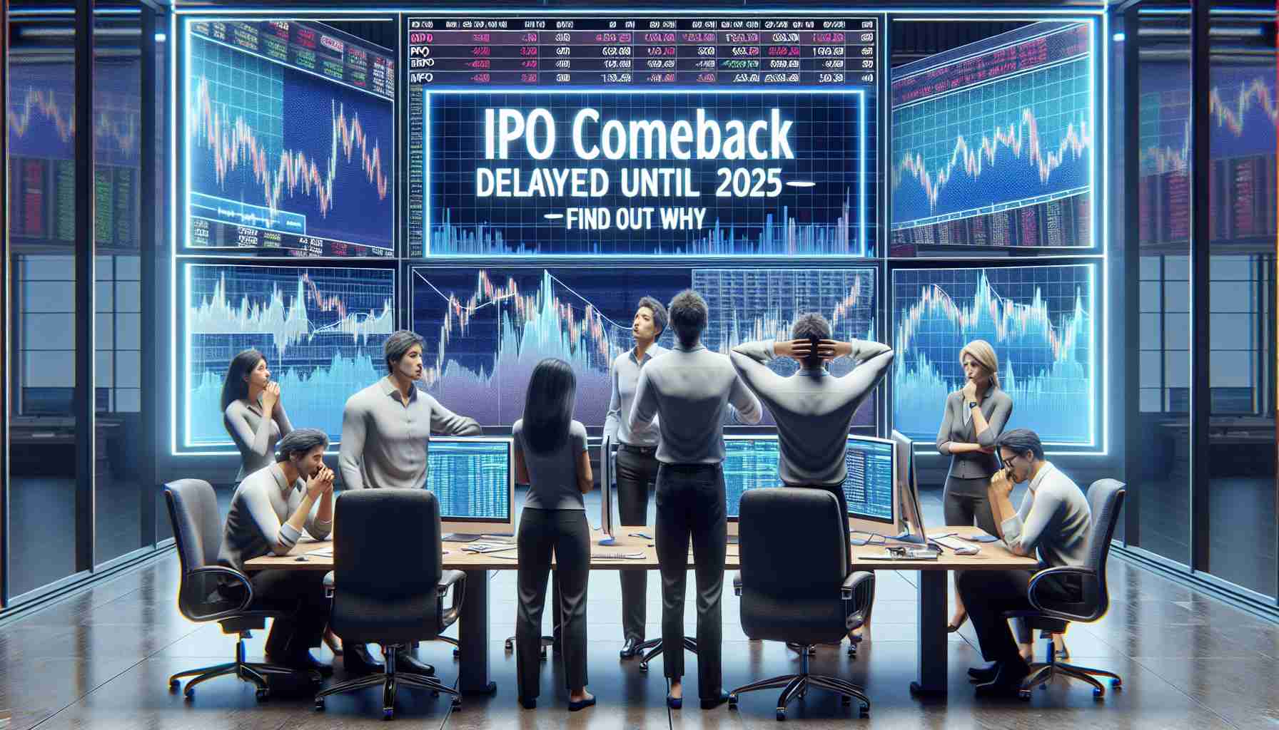 A realistic and high-definition image of a group of investors showing signs of confusion and frustration. They are depicted in a modern office setting, surrounded by stock market charts and computer screens displaying market data, with a prominently displayed banner or headline reading 'IPO Comeback Delayed Until 2025—Find Out Why'.