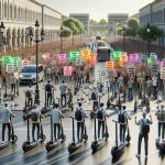 Detailed and realistic portrayal in high definition of an electric scooter company staging a protest against a law that bans them from being used as public transport. Picture shows several electric scooters lined up together, riders with signs expressing their opposition to the ban, and members from the company who lead the protest. This scene takes place at a city's main square teeming with activity during daytime. Surrounding architectural structures, potential bystanders engaged or observing, an atmosphere of peaceful protest should also be depicted.