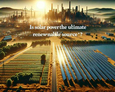 Visualize a realistic high-definition scene depicting the concept of solar power as the ultimate renewable energy source. The scenery could involve an array of solar panels gleaming under bright sunlight, situated in a vast, open field. Adjacent to this, a vibrant city could be thriving, powered entirely by this solar array. Text overlaying the image could say 'Is Solar Power the Ultimate Renewable Energy Source?'. The style should be rich and detailed, with a heavy emphasis on the vibrant colors and the sharp contrast between the natural field and the bustling, high-tech city.