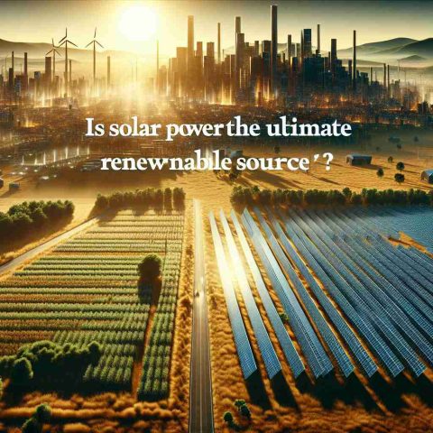 Visualize a realistic high-definition scene depicting the concept of solar power as the ultimate renewable energy source. The scenery could involve an array of solar panels gleaming under bright sunlight, situated in a vast, open field. Adjacent to this, a vibrant city could be thriving, powered entirely by this solar array. Text overlaying the image could say 'Is Solar Power the Ultimate Renewable Energy Source?'. The style should be rich and detailed, with a heavy emphasis on the vibrant colors and the sharp contrast between the natural field and the bustling, high-tech city.