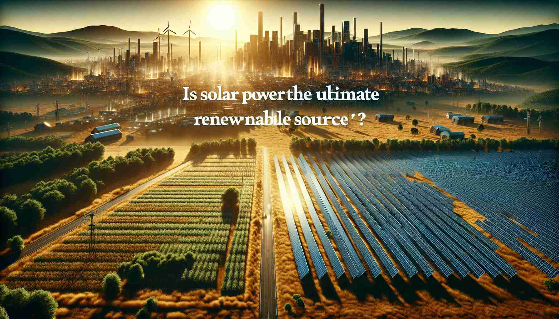 Visualize a realistic high-definition scene depicting the concept of solar power as the ultimate renewable energy source. The scenery could involve an array of solar panels gleaming under bright sunlight, situated in a vast, open field. Adjacent to this, a vibrant city could be thriving, powered entirely by this solar array. Text overlaying the image could say 'Is Solar Power the Ultimate Renewable Energy Source?'. The style should be rich and detailed, with a heavy emphasis on the vibrant colors and the sharp contrast between the natural field and the bustling, high-tech city.