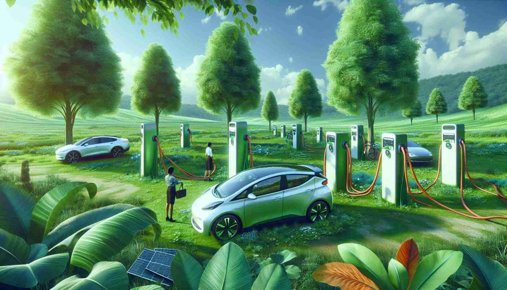 Generate a high-definition, realistic portrayal of a revolutionary movement in sustainable transportation. Picture a scene with biodegradable electric vehicle chargers. These novel inventions are made from environmentally friendly materials and seamlessly blend into a vibrant, green scenery. They stand tall, connected to modern, stylish electric vehicles charging up. Green leaves, plants, and grass surround the area, embracing the clean energy initiative. People of different genders and descents, reflecting global representation, are appreciating these chargers, demonstrating the broad acceptance of this breakthrough technology.