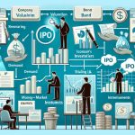 An illustrative image showing the process of determining an IPO stock price. The left side can depict a company preparing its financials with help from investment bankers, considering factors like company's valuation, demand and IPO size. The right side can show an investor with financial charts, researching and contemplating if the IPO is a good investment. Examples of equities, bonds, and money market instruments can also be depicted to signify different investment options. Please use Soft colors like blue, green, and white for the background along with representative symbols for each concept.