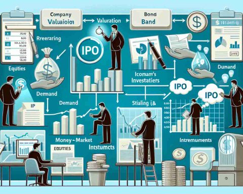 An illustrative image showing the process of determining an IPO stock price. The left side can depict a company preparing its financials with help from investment bankers, considering factors like company's valuation, demand and IPO size. The right side can show an investor with financial charts, researching and contemplating if the IPO is a good investment. Examples of equities, bonds, and money market instruments can also be depicted to signify different investment options. Please use Soft colors like blue, green, and white for the background along with representative symbols for each concept.