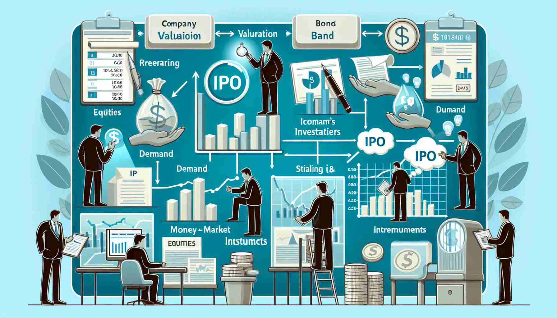 An illustrative image showing the process of determining an IPO stock price. The left side can depict a company preparing its financials with help from investment bankers, considering factors like company's valuation, demand and IPO size. The right side can show an investor with financial charts, researching and contemplating if the IPO is a good investment. Examples of equities, bonds, and money market instruments can also be depicted to signify different investment options. Please use Soft colors like blue, green, and white for the background along with representative symbols for each concept.