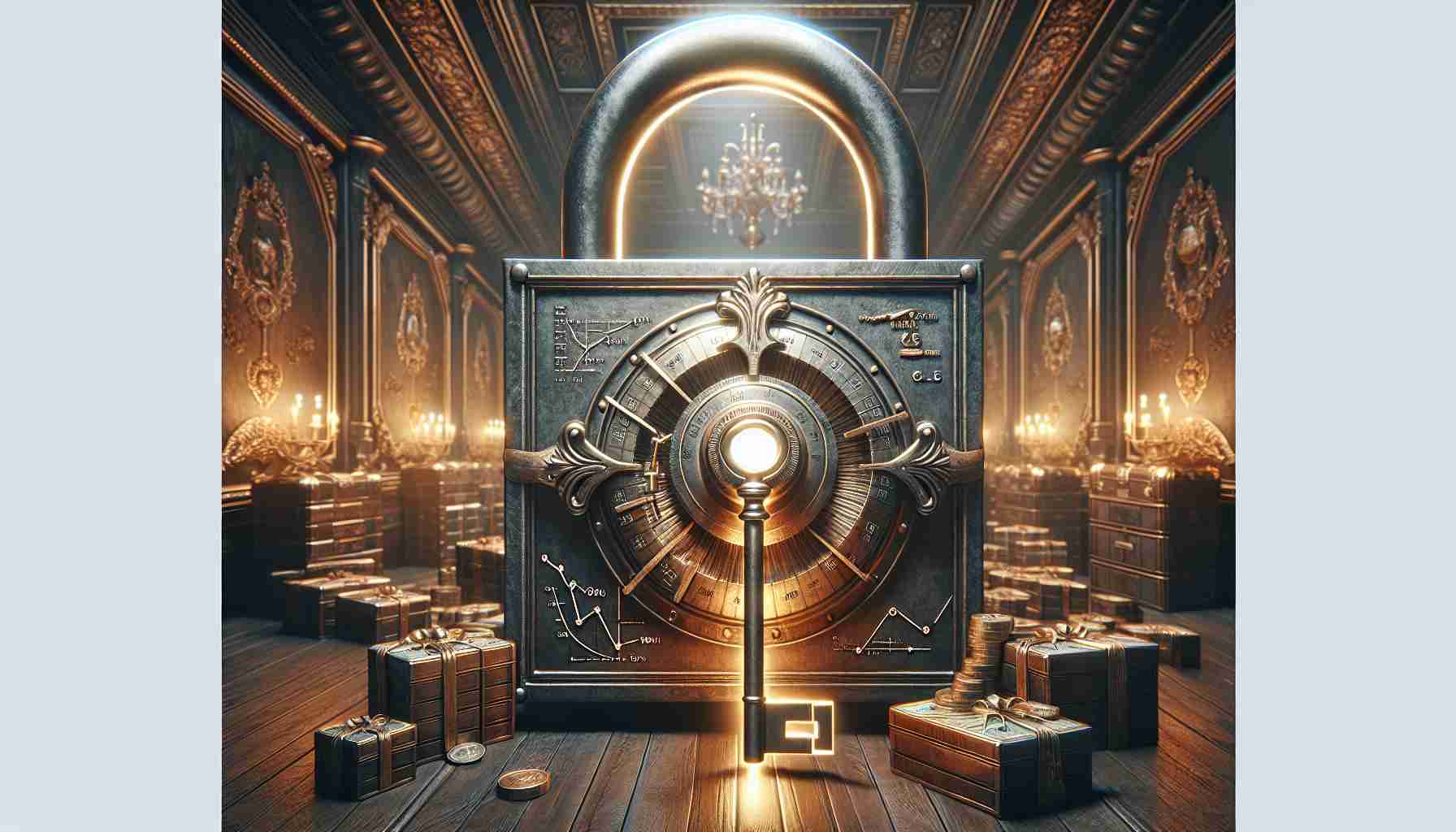 A high-definition, realistic image depicting the metaphor of unlocking the secret to wealth growth through an unexpected investment method. This could feature a large, aged lock symbolizing the 'secret to wealth,' with a key piercing it. The key could feature unconventional elements that represent the surprising investment method, such as stock market graphs or currency symbols. The setting could be an opulent, well-lit room filled with treasures, symbolizing the wealth that can be achieved.