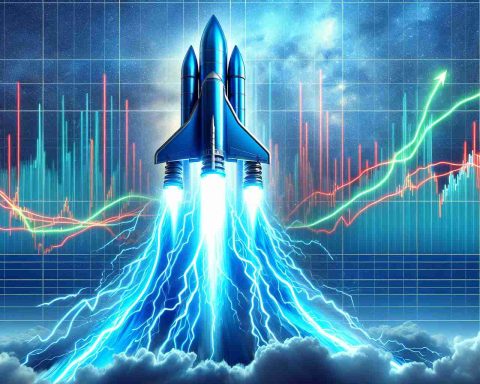 High-definition, realistic image of a surprise surge event represented metaphorically. Let's imagine a large, powerful, electric blue rocket taking off against a background of sky-blue stock market charts. The rocket's flight creates a strong contrast with the red and green lines of the charts, symbolizing an unexpected announcement causing a rapid increase in value.