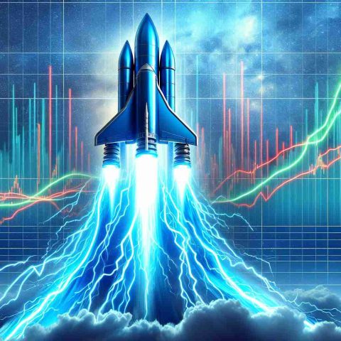 High-definition, realistic image of a surprise surge event represented metaphorically. Let's imagine a large, powerful, electric blue rocket taking off against a background of sky-blue stock market charts. The rocket's flight creates a strong contrast with the red and green lines of the charts, symbolizing an unexpected announcement causing a rapid increase in value.