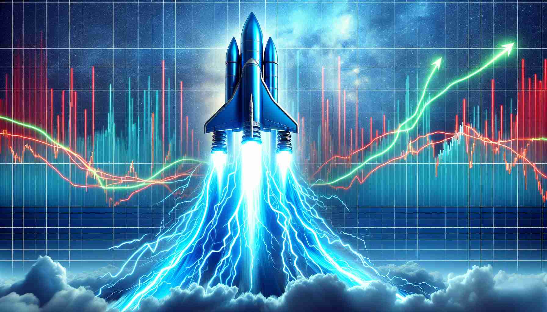 High-definition, realistic image of a surprise surge event represented metaphorically. Let's imagine a large, powerful, electric blue rocket taking off against a background of sky-blue stock market charts. The rocket's flight creates a strong contrast with the red and green lines of the charts, symbolizing an unexpected announcement causing a rapid increase in value.