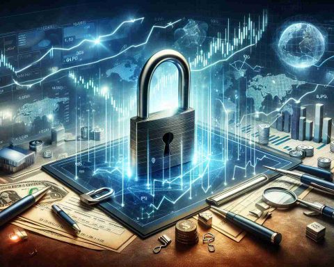 Create a high-definition, realistic image that symbolically represents the astonishing journey of an initial public offering (IPO) by a successful technology company. The image should depict elements such as a padlock being unlocked, graphs trending upwards, and documents related to stock market listings.