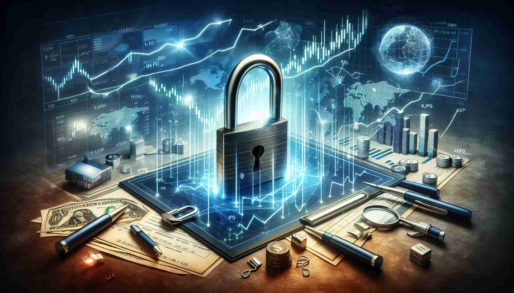 Create a high-definition, realistic image that symbolically represents the astonishing journey of an initial public offering (IPO) by a successful technology company. The image should depict elements such as a padlock being unlocked, graphs trending upwards, and documents related to stock market listings.