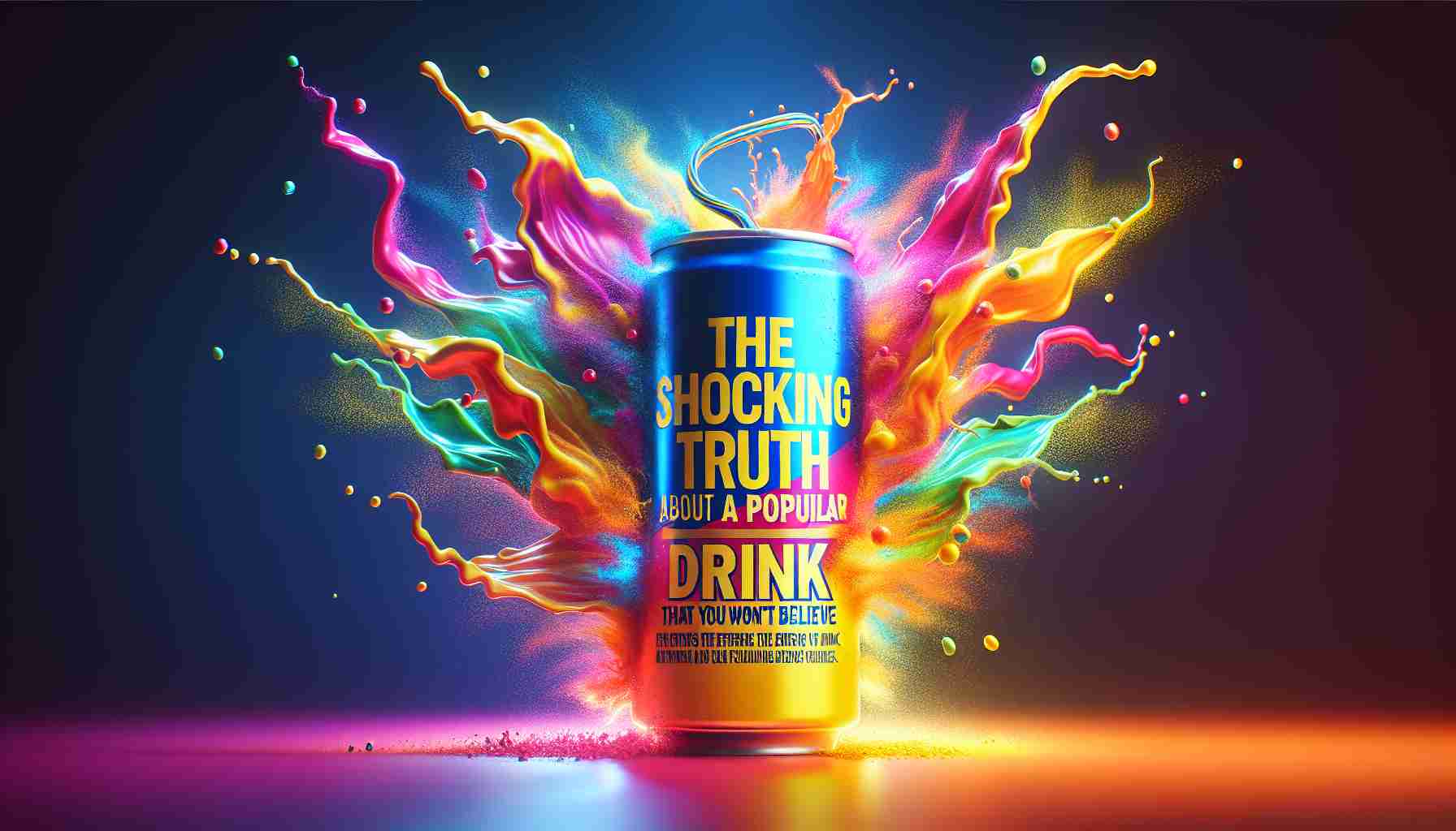 Create an image that represents a shocking revelation about a popular, unnamed energy drink. Illustrate this in a realistic HD composition. It should have vibrant colors that grab attention and indicate surprise. This could be conveyed through the unusual negative effects displayed upon a can of the energy drink or a metaphorical representation of its consequences. Add a title text overlay saying 'The Shocking Truth About a Popular Energy Drink That You Won't Believe'. Please keep it free from specific brand references.