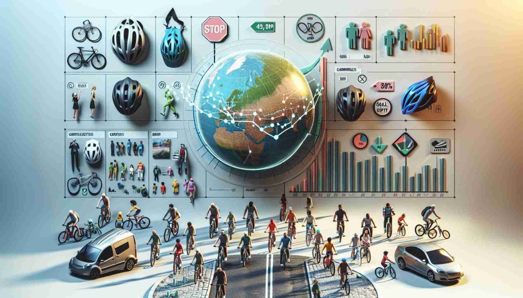 Produce a lifelike, high-definition image showcasing the outcome of an initiative to promote bicycle safety. The centerpiece of the image could be an infographic depicting a downward trend in accident rates related to bicycle use. Surround this infographic with scenarios that indicate ways in which bike safety has been encouraged - helmets hanging in bike stores, road signs alerting drivers to the presence of cyclists, biking safety classes taking place in a community center. To the side, include cyclists of varying descents and genders happily riding their bikes, all adhering to safety measures such as wearing helmets.