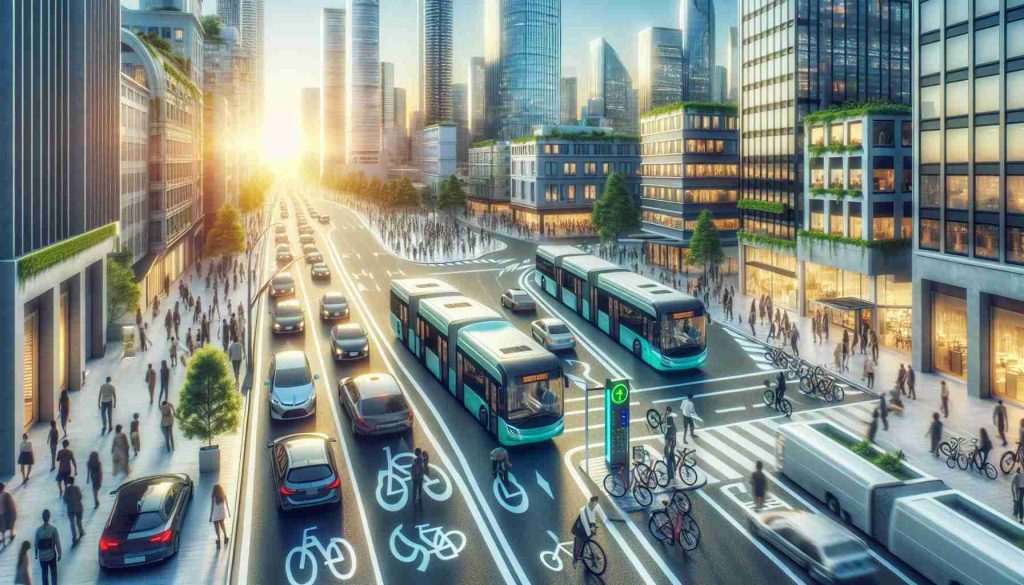 A high-definition, realistic image displaying the concept of embracing a sustainable future in urban transportation. The image might feature a bustling city street dense with eco-friendly vehicles like electric cars, solar-powered buses, and bicycles. Still more individuals could be seen strolling on the pedestrian lanes, or waiting at efficient, green-powered public transit stops. The urban landscape is characterized by clean, dazzling skyscrapers reflecting the brightness of the setting sun, possibly with rooftop gardens and solar panels adorning their structures. Thoughtfully situated could be charging stations and bike-sharing facilities, all contributing to a zero-emission atmosphere.