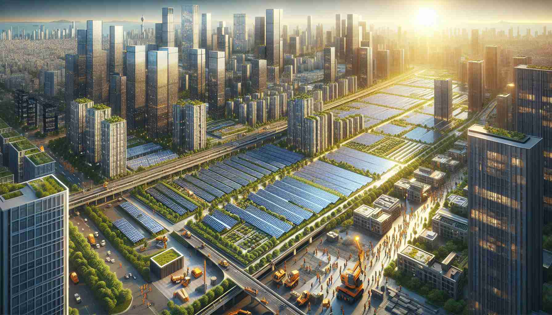 A detailed high-definition image depicting a cityscape of Brightville, a modern metropolitan city teeming with skyscrapers and architectural marvels. Brightville's latest initiative, a sprawling solar panel project, is visible as a prominent feature of the city. The solar panels are neatly arranged in abundant green spaces between the buildings, reflecting the golden rays of the sun. The imagery emphasizes the harmonious blend of urban development and sustainable practices. There are construction workers of varied descents including Caucasian, Hispanic, Black, Middle-Eastern, South Asian, wearing safety gear working diligently on the installation of solar panels.