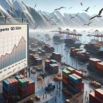 A high definition, realistic image of a busy Norwegian seafood export port. The scene is set in Q3 of 2024, with containers being hurriedly loaded with varying species of seafood, signifying a record high in exports. The air is abuzz with the organized chaos of the workers, the seagulls circling overhead, and the gentle sound of the sea waves. On a notice board, a chart shows the increasing trend in exports, with the Q3 2024 bar significantly higher than the others.